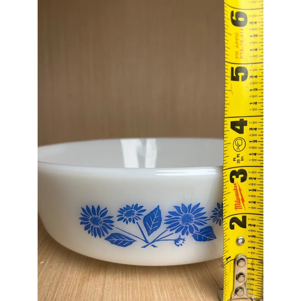 Vintage Anchor Hocking Fire-King Blue Floral Milk Glass Dish 438 Oven Proof MCM